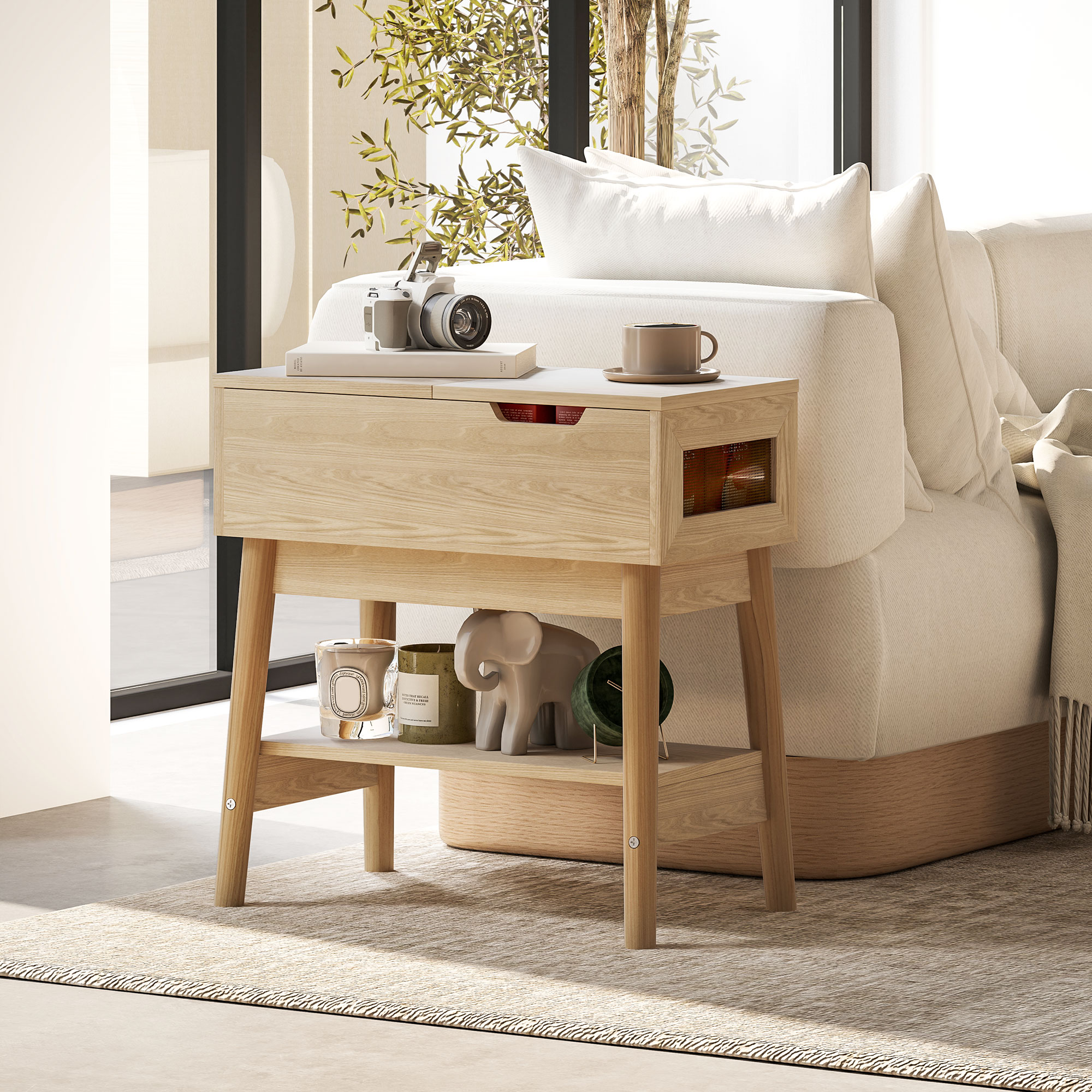 HOMCOM Beistelltisch Couchtisch Nachttisch schmal mit klappbarer Platte und offenem Regal Eichenholzmaserung