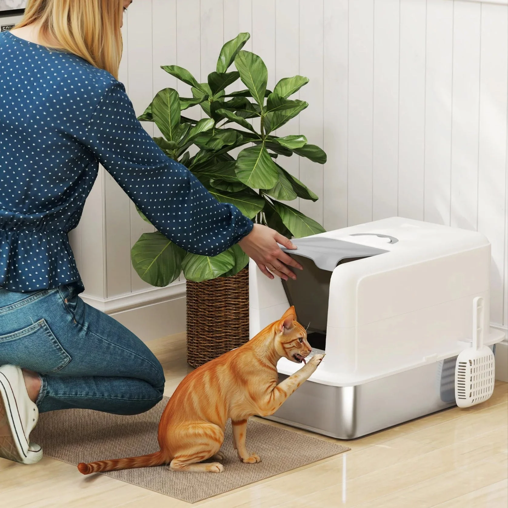 Covered Cat Litter Box �C Stainless Steel Tray, Front Flap & Integrated Scoop