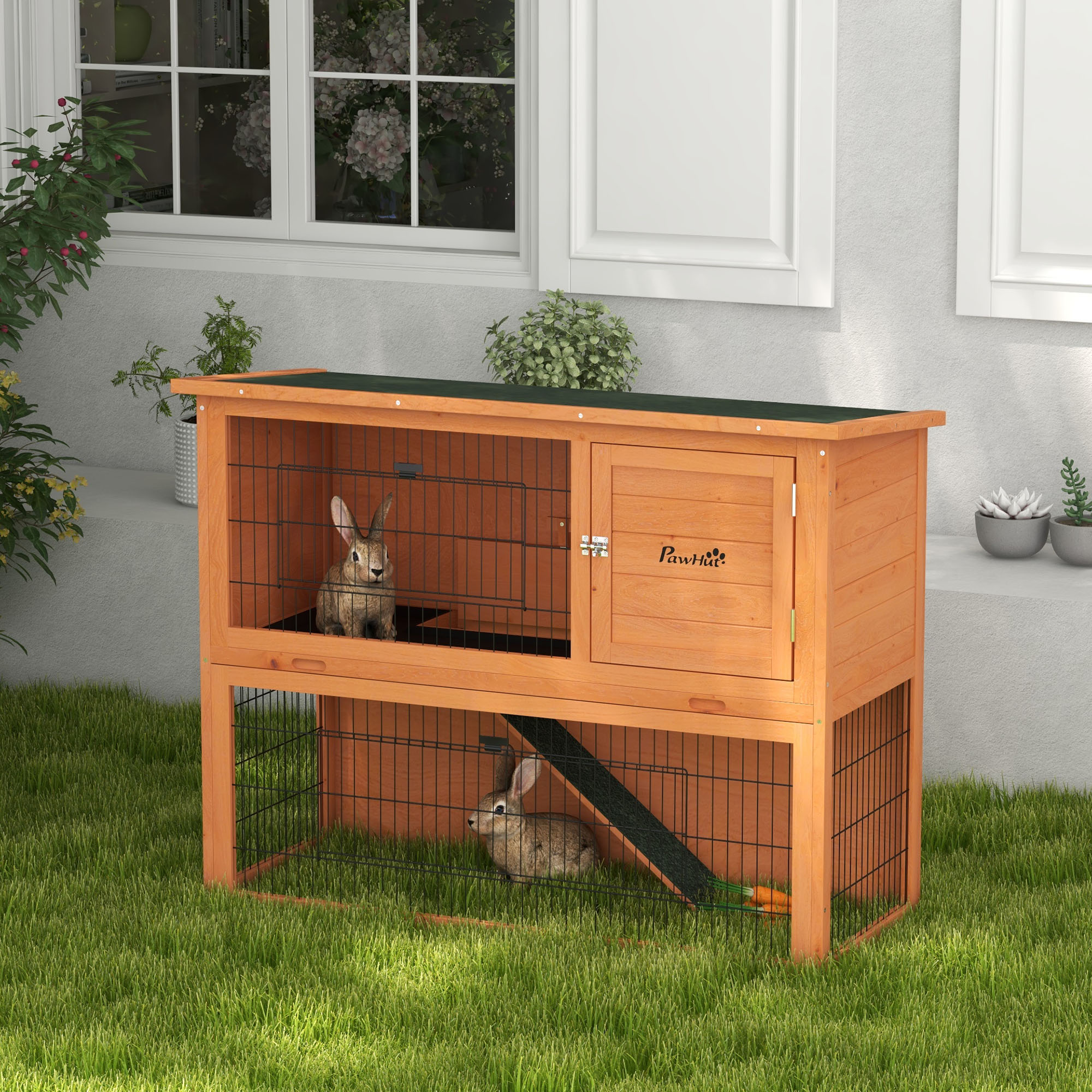 PawHut Kaninchenstall aus Holz 2 Etagen mit 3 Türen herausziehbare Schublade Rampe Bitumendach 120 x 50 x 92 cm Orange