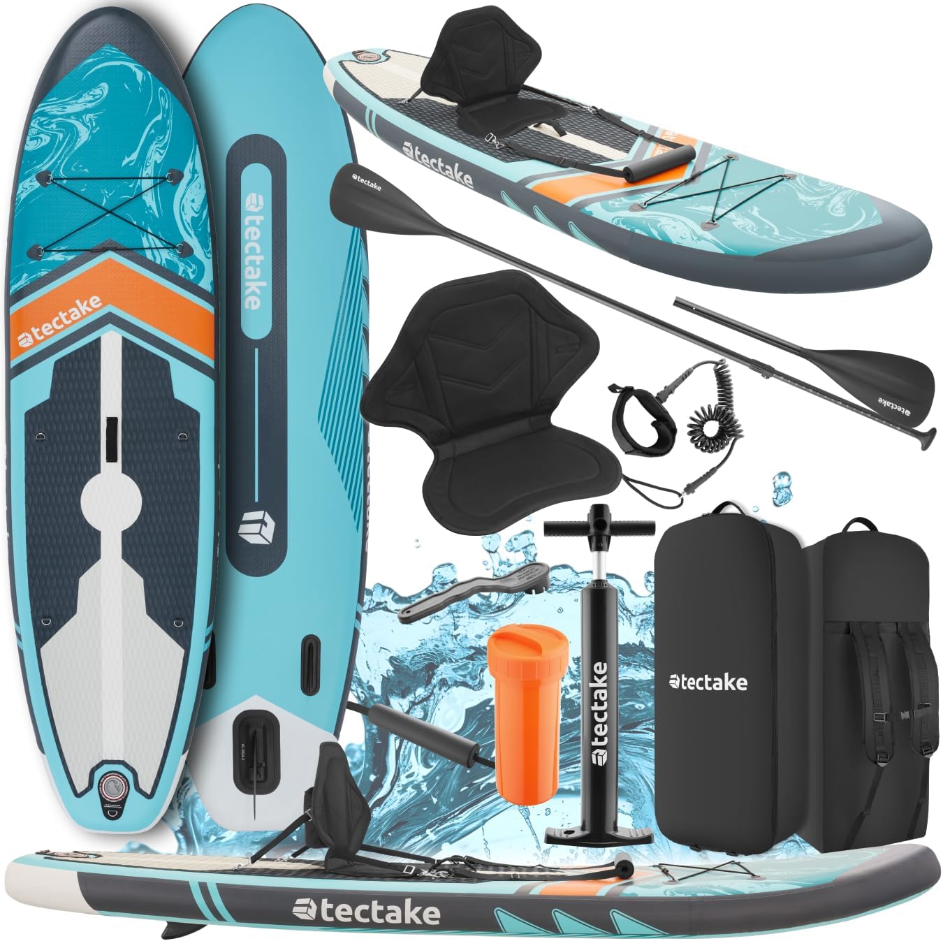 tectake® Tabla de Paddle Surf Hinchable, Incluye Remo 2 en 1, Asiento de Kayak, Bomba de Aire, Mochila de Transporte, Stand Up Paddle, Accesorios Paddle Surf, Tabla Hinchable