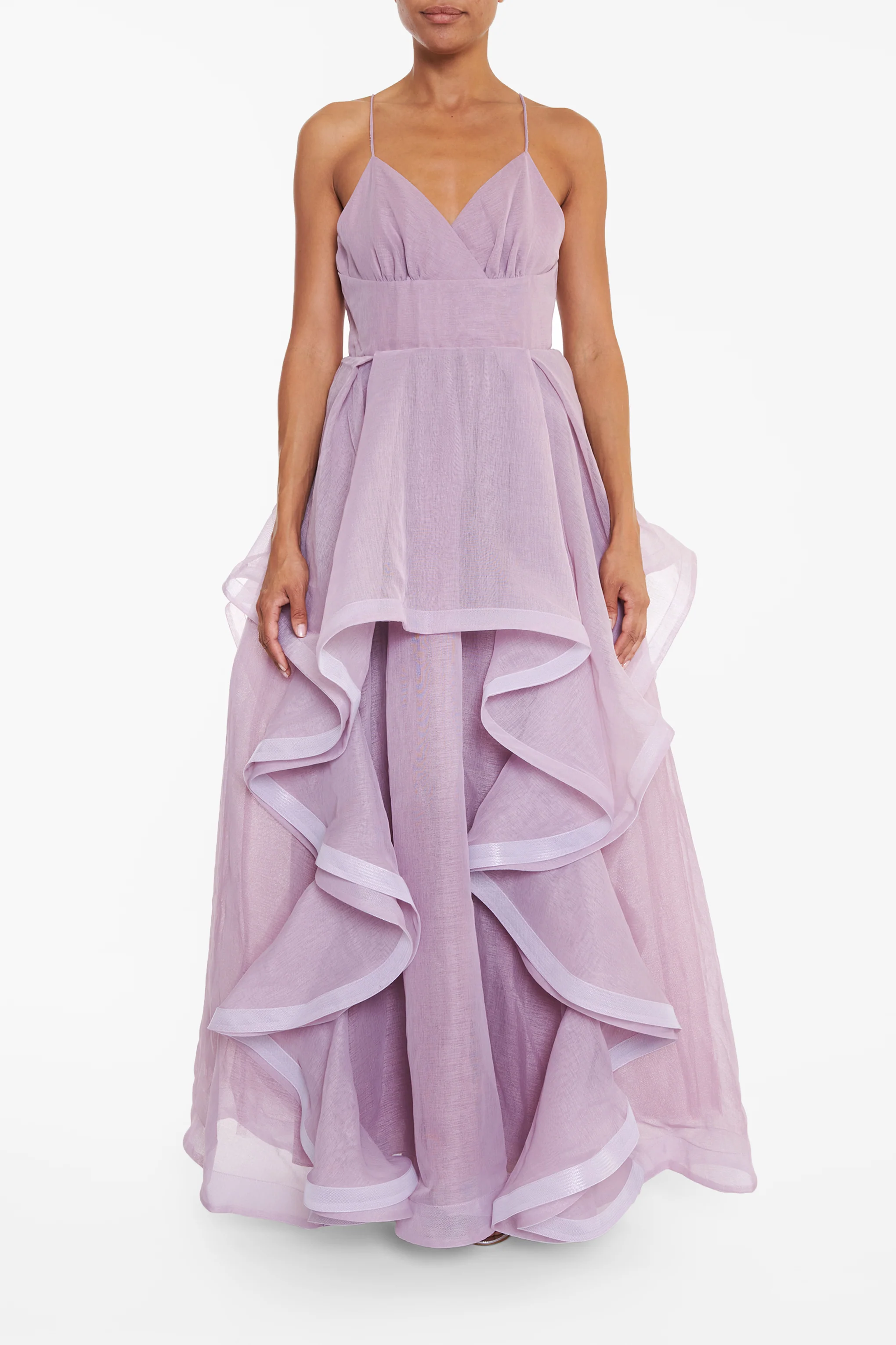 Ingrid Lilac Plunge Neck Ruffle Layered Strappy Maxi Dress