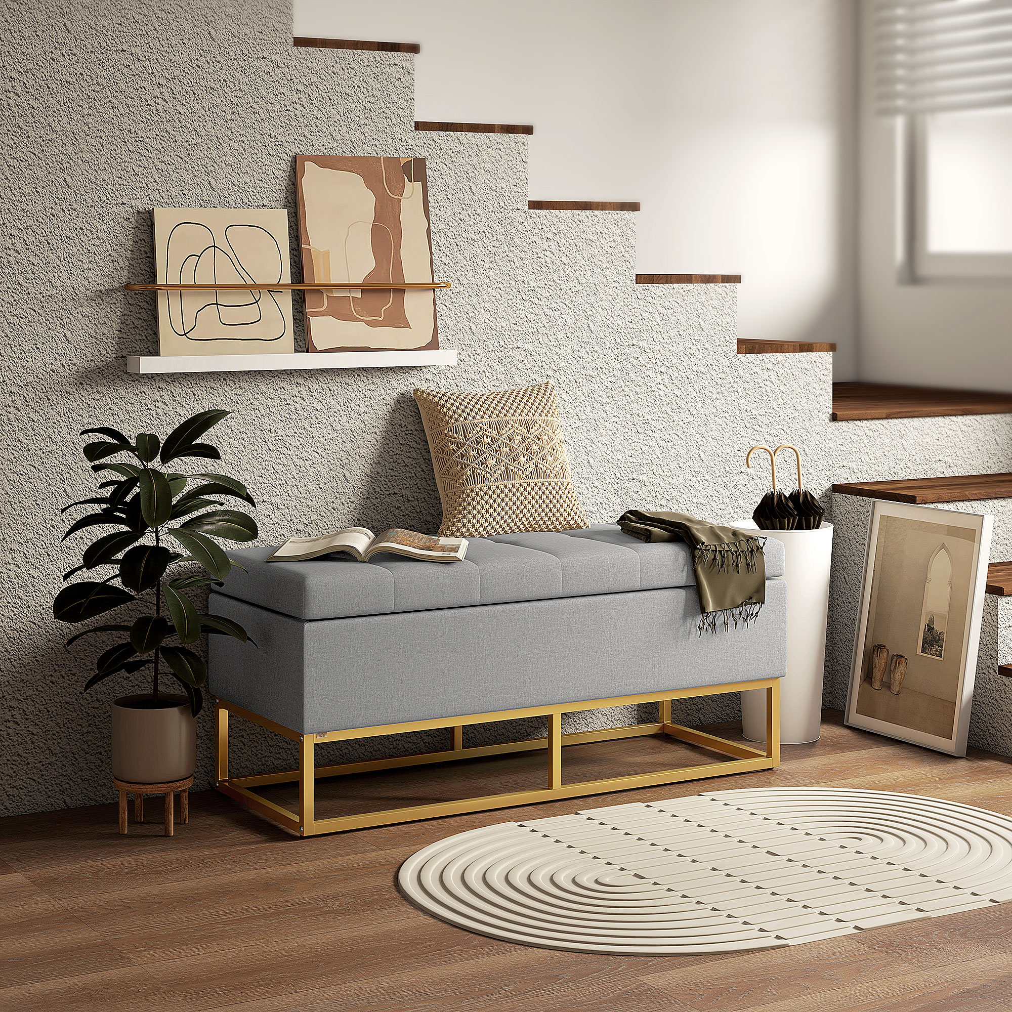 HOMCOM Sitzbank Bank mit Stauraum 2-in-1 gepolsterte Sitzfläche und Stahlbeine 110 x 44 x 48 cm grau und gold