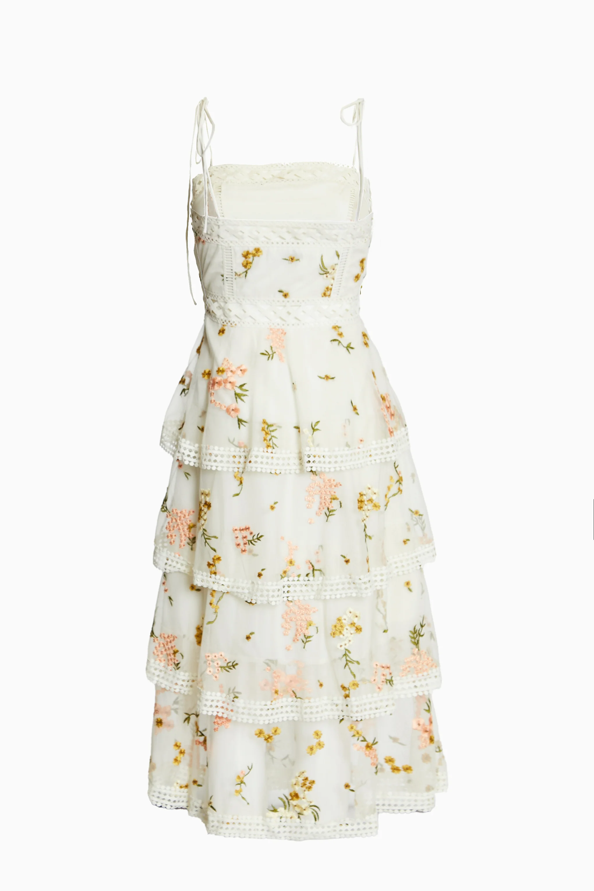 Nude-Pink Embroidery Strappy Tiered Midi-Dress
