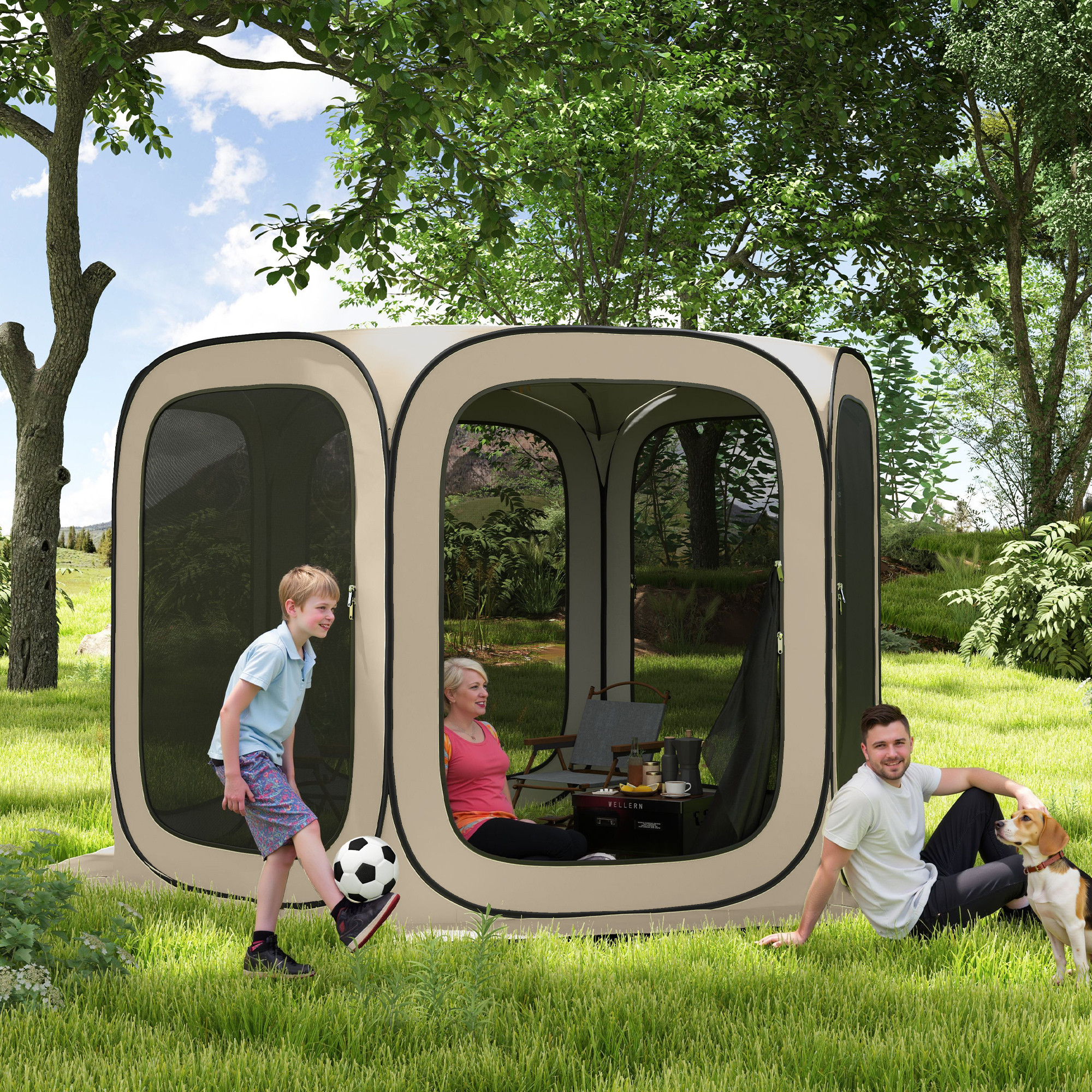 Outsunny Pop-up-Campingzelt, tragbar, UPF50+ Schutz, Netz-Seiten, Stahldraht, Khaki