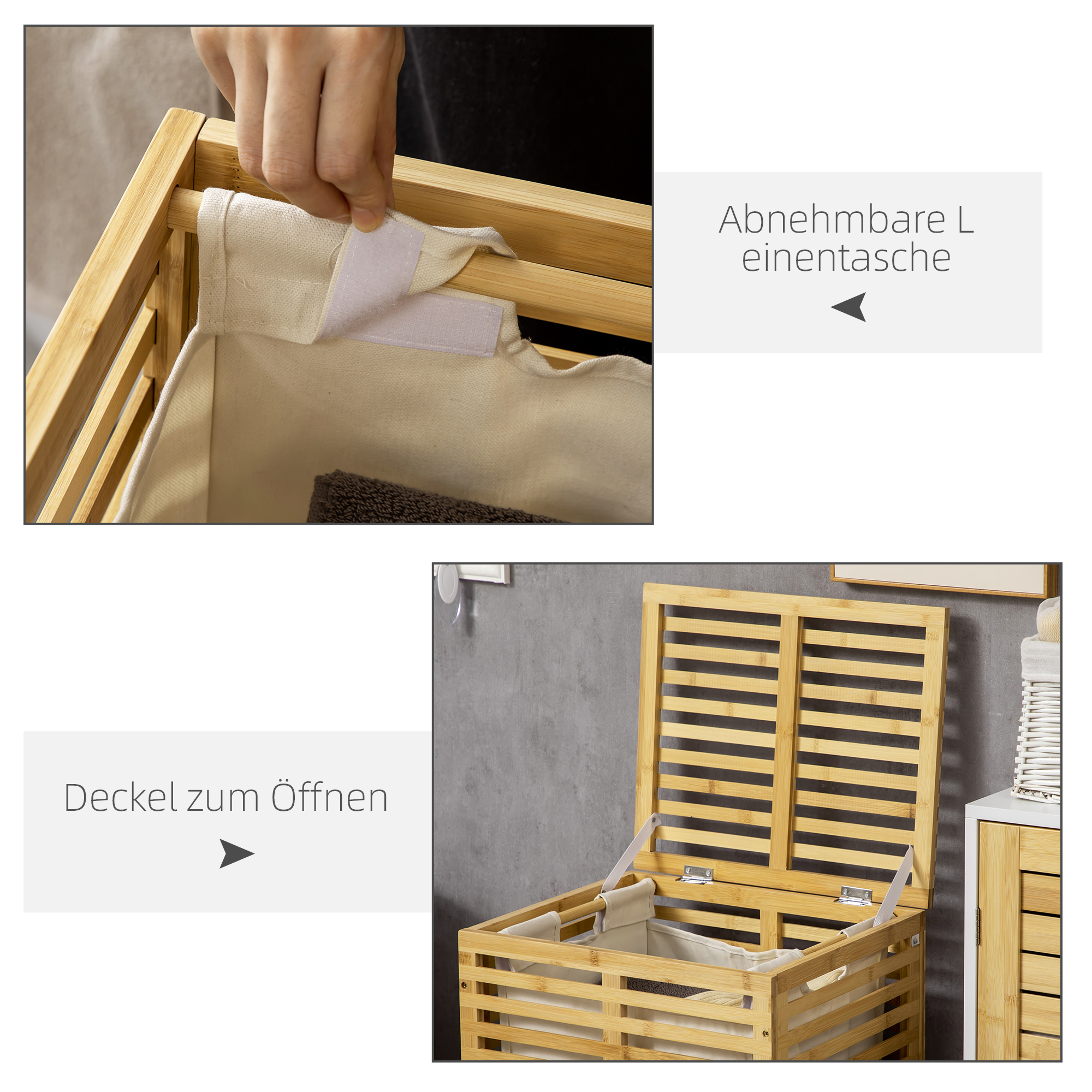 Bamboe Wasmand 63 L met Deksel en Uitneembare Waszak, Stok 44 x 37 x 62,5 cm in Natuurhout