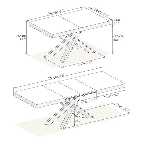 Mobili Fiver Emma 140 Tavolo da Pranzo Allungabile – Piano in Rovere Rustico con Gambe Bianche Incrociate, Laminato/Ferro, Made in Italy
