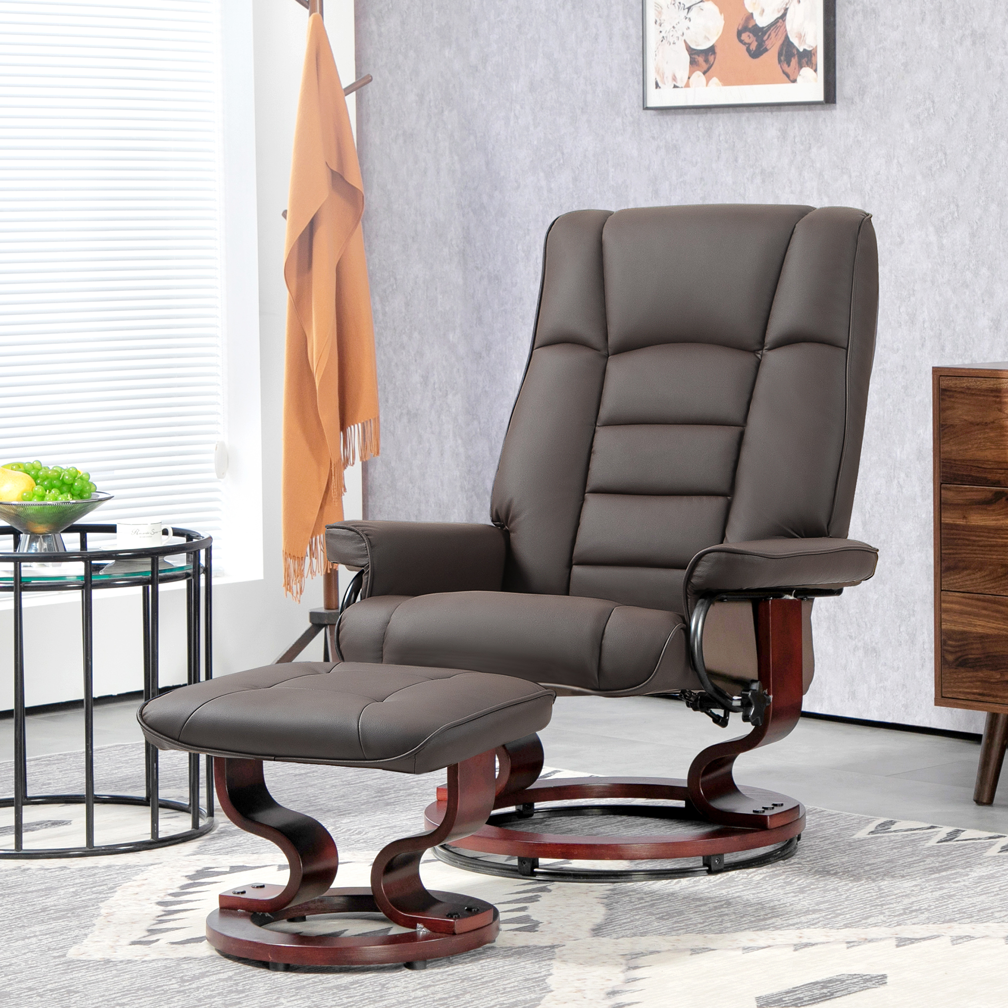 HOMCOM Relaxsessel mit Hocker, drehbar & neigbar, Kunstlederbezug, bis 150 kg, Holzgestell, Braun