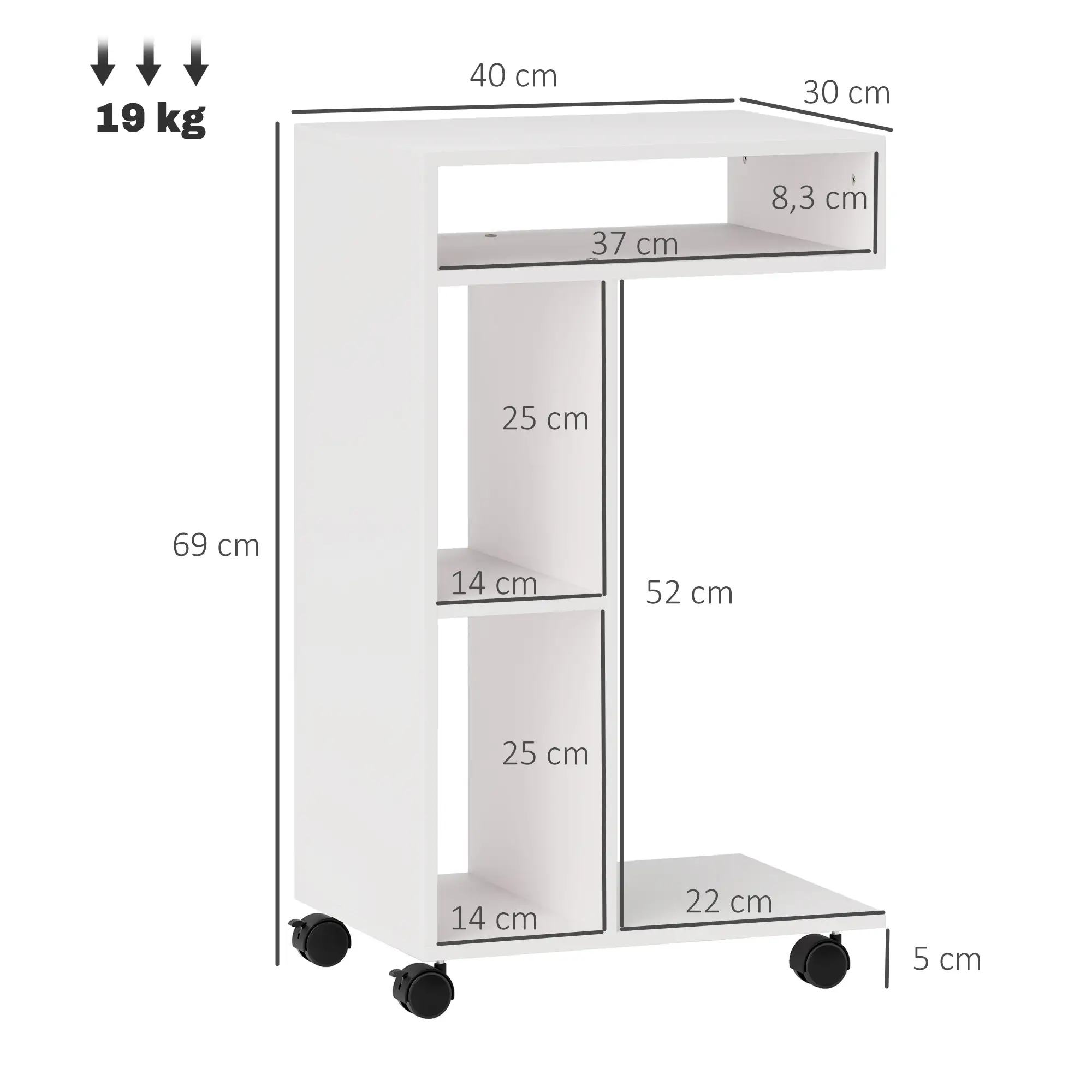HOMCOM Beistelltisch C-Form mit Rollen und Regalen Weiß