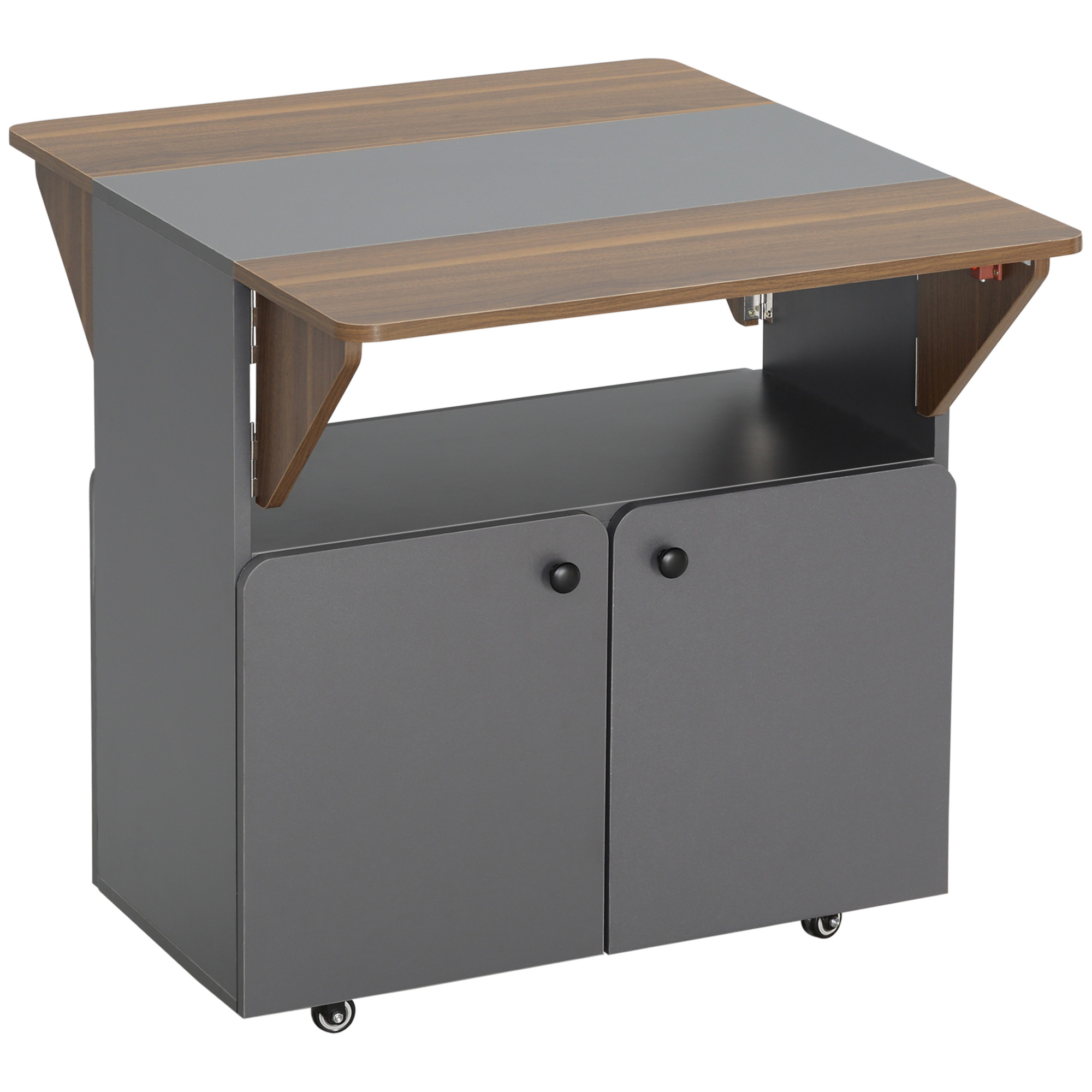 HOMCOM Klapptisch Rollschrank, zwei klappbare Tischseiten, Schrankfach, 4 Rollen, Hellgrau+Dunkelbraun, 70 x 83 x 75cm