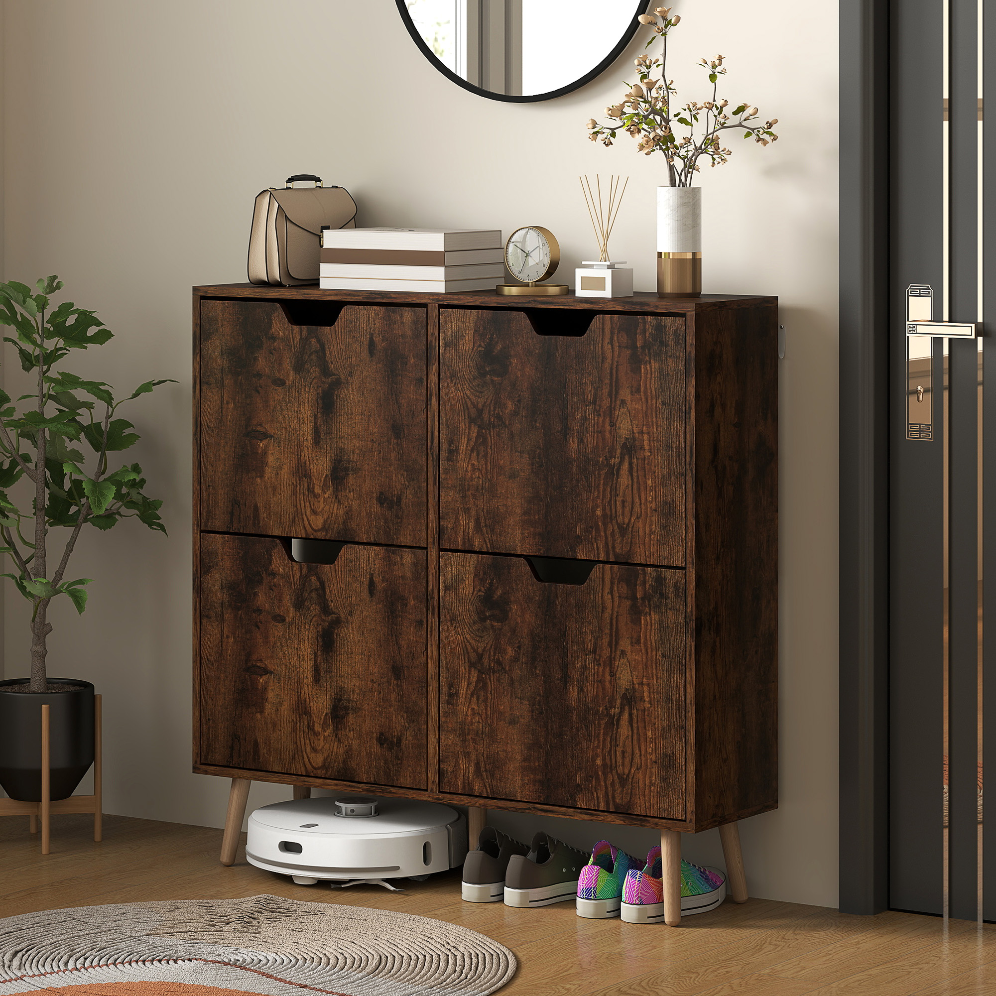HOMCOM Schuhschrank mit 4 klappbaren Schubladen auf 2 Ebenen für 16 Paar, aus Holz, 95x26x95 cm, Braun