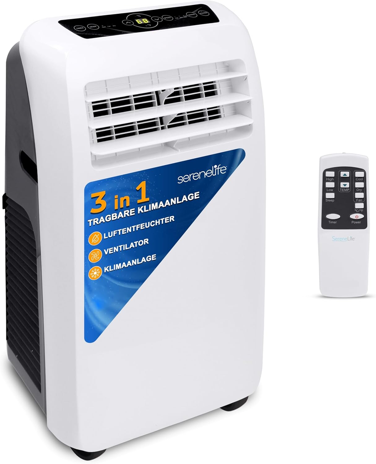 SereneLife Klimaanlage mobil, 3-in-1 mobiles Klimagert mit Abluftschlauch - Luftkühler, Luftentfeuchter & Ventilator, air conditioner 9.000 BTU, 1,5 L Feuchtigkeit/Stunde, kühlt Rume bis 42 m