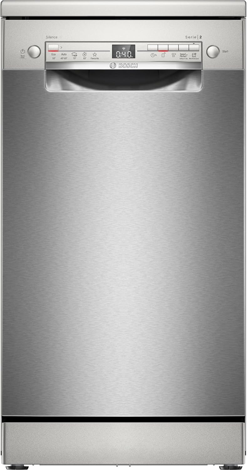 Bosch SPS2HKI42E, Serie 2, Smarter Geschirrspüler Freistehend, 45 cm breit, Silver Inox, Besteckkorb, extra Trocknung auf Knopfdruck, leiser und effizienter Motor, anti Fingerprint, mit aquaStop