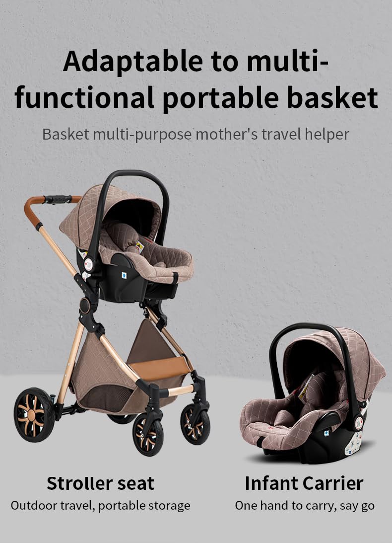 YAZOCO kinderwagen 3 in 1 Buggy Babybett Komplett Set Einem Klick Zusammenklappbarer Kinderwagen, KombiKinderwagen Aluminiumrahmen für Neugeborene Sitzzubehör (1 schwarz)