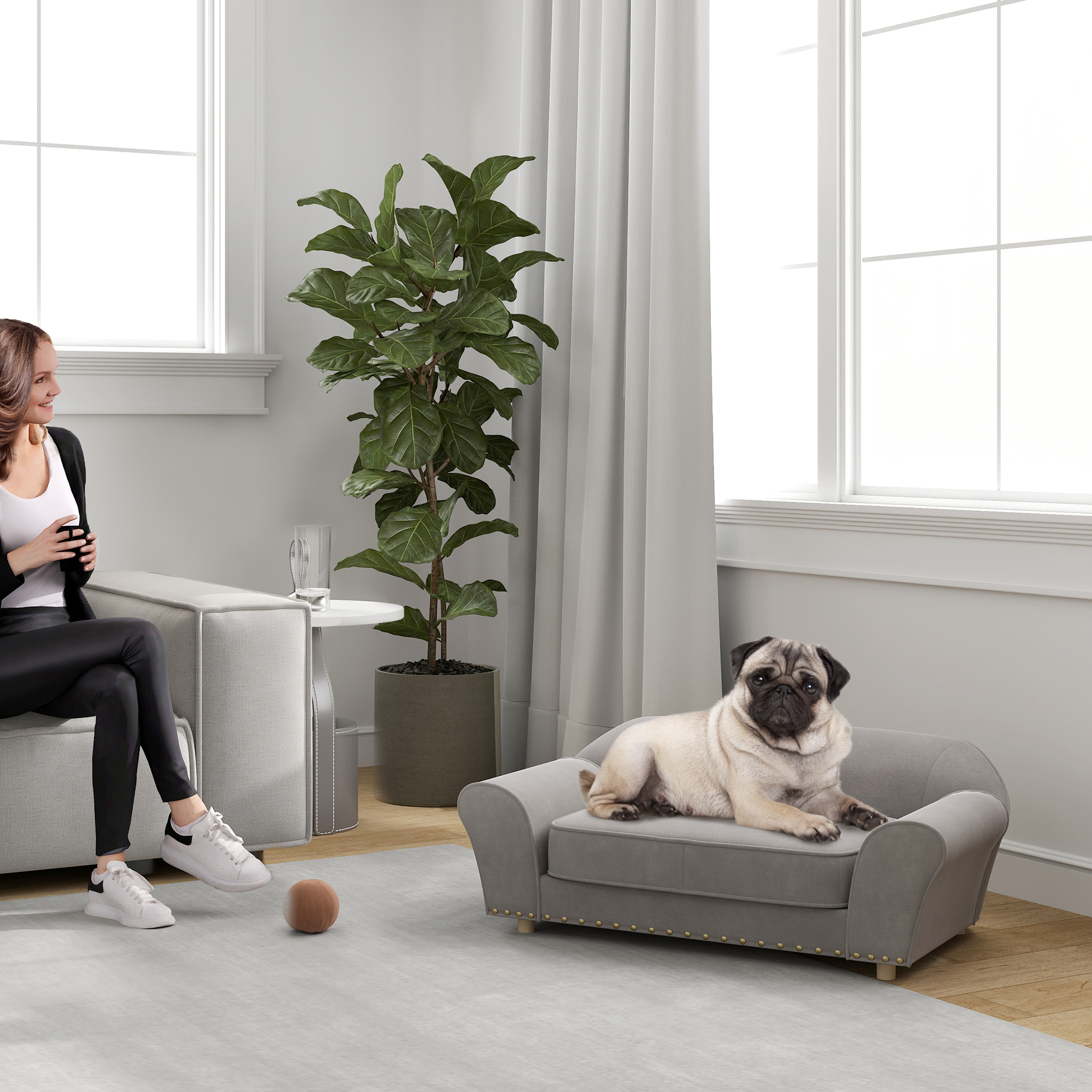 PawHut Hundesofa, Hundebett mit Nieten, dickes Kissen, abnehmbarer Bezug, rutschfeste Füße, 86,5x52,5x33 cm, Grau