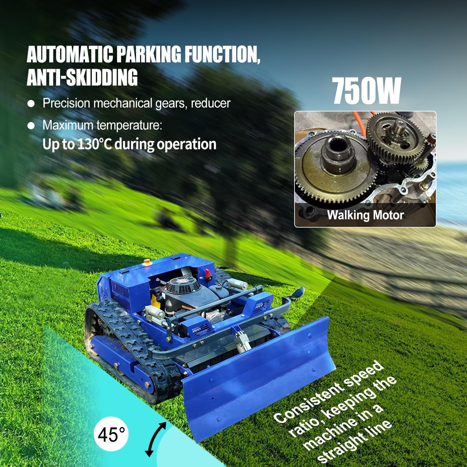 Mähroboter-Rasenmäher für Raupen, ferngesteuert, 4 × 4, Hybrid, Benzin-Elektro, Schnitt 21,6 Zoll, RC-Mähroboter für Steigungen 100% (45°) – Mähfläche 0,75 Acres (Modell mit Schneepflug)