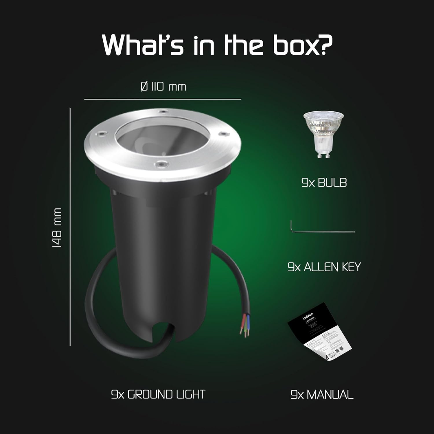 Ledvion - 9x LED Bodeneinbauleuchte, 3W, 2700K, IP67, 1m Kabel, kippbar, Außenbeleuchtung