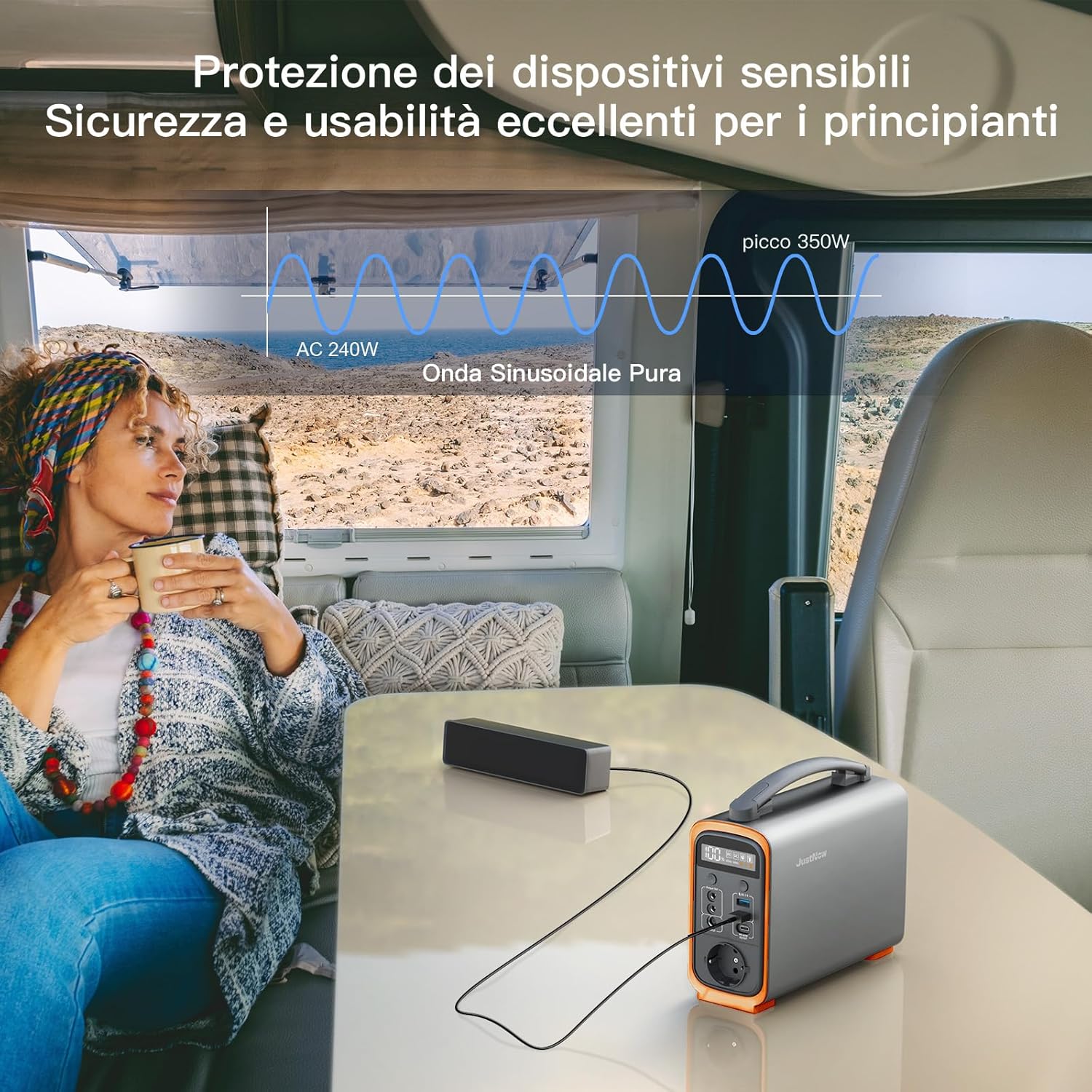 JustNow Stazione di Ricarica Portatile 240W/240Wh, Batteria LiFePo4 Mobile con Uscita AC/DC/USB/PD 60W, Generatore Solare per Campeggio, Outdoor, Camper (GT240)