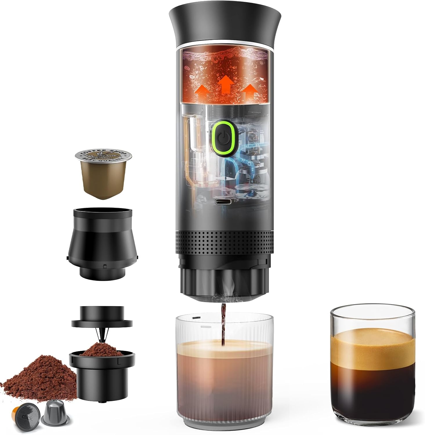 Macchina Caffe Portatile 3 In 1 Macchina Caffe, 3 Minuti Di Auto-Riscaldamento, Caffettiera Elettrica Compatibile con Piccole Capsule, Grandi Capsule, Caffe Macinato, Per Ufficio, Auto