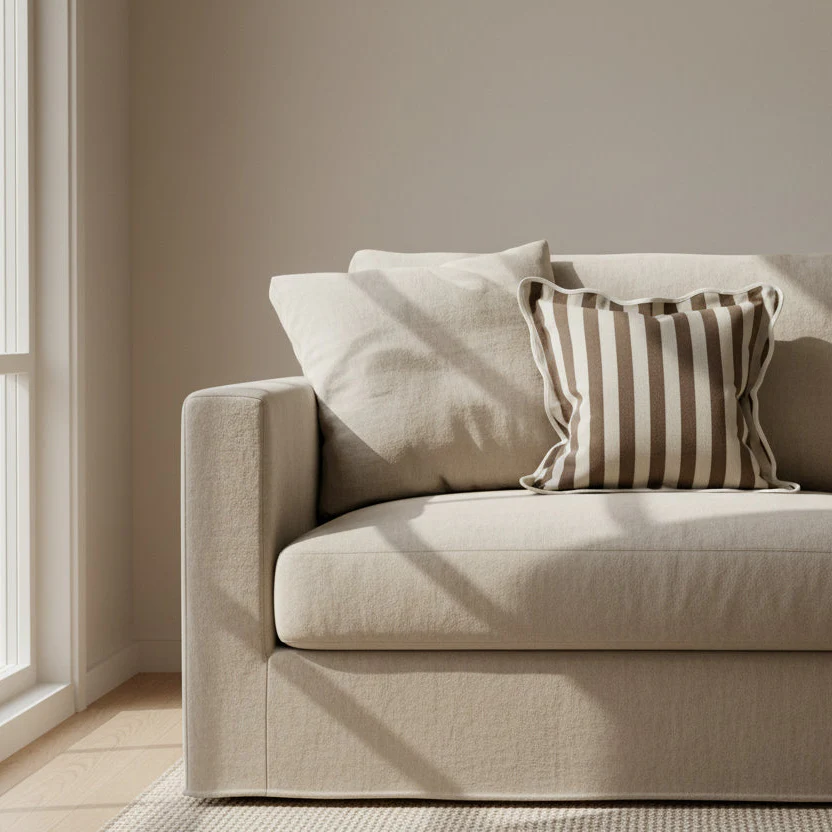 Brown & Cream Stripe Scalloped Edge Cushion with Feather Pad �C 45 x 45cm