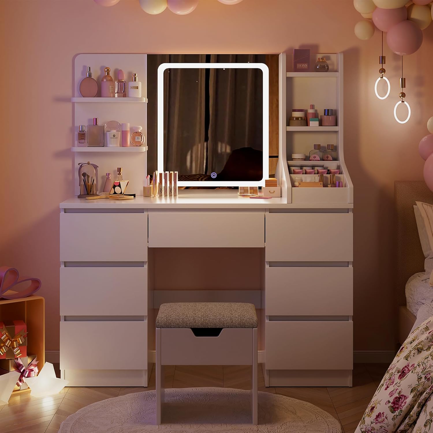 Airfish Make-up Vanity with LED Lights, Adjustable Brightness, Makeup Table with Mirror, Makeup Desk with 7 Drawers, 4 Open Shelves for the Bedroom (White)