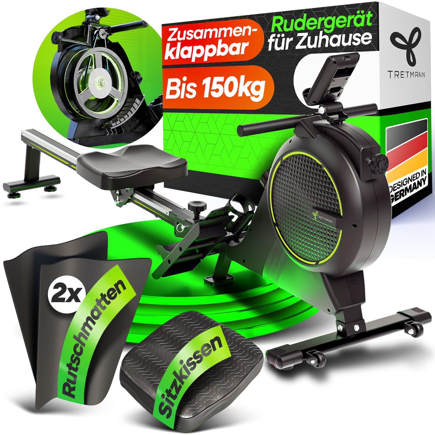 Tretmann Rudergerät für Zuhause Set extra leise mit Wirbelstrombremse 2.0 fürs Heimtraining