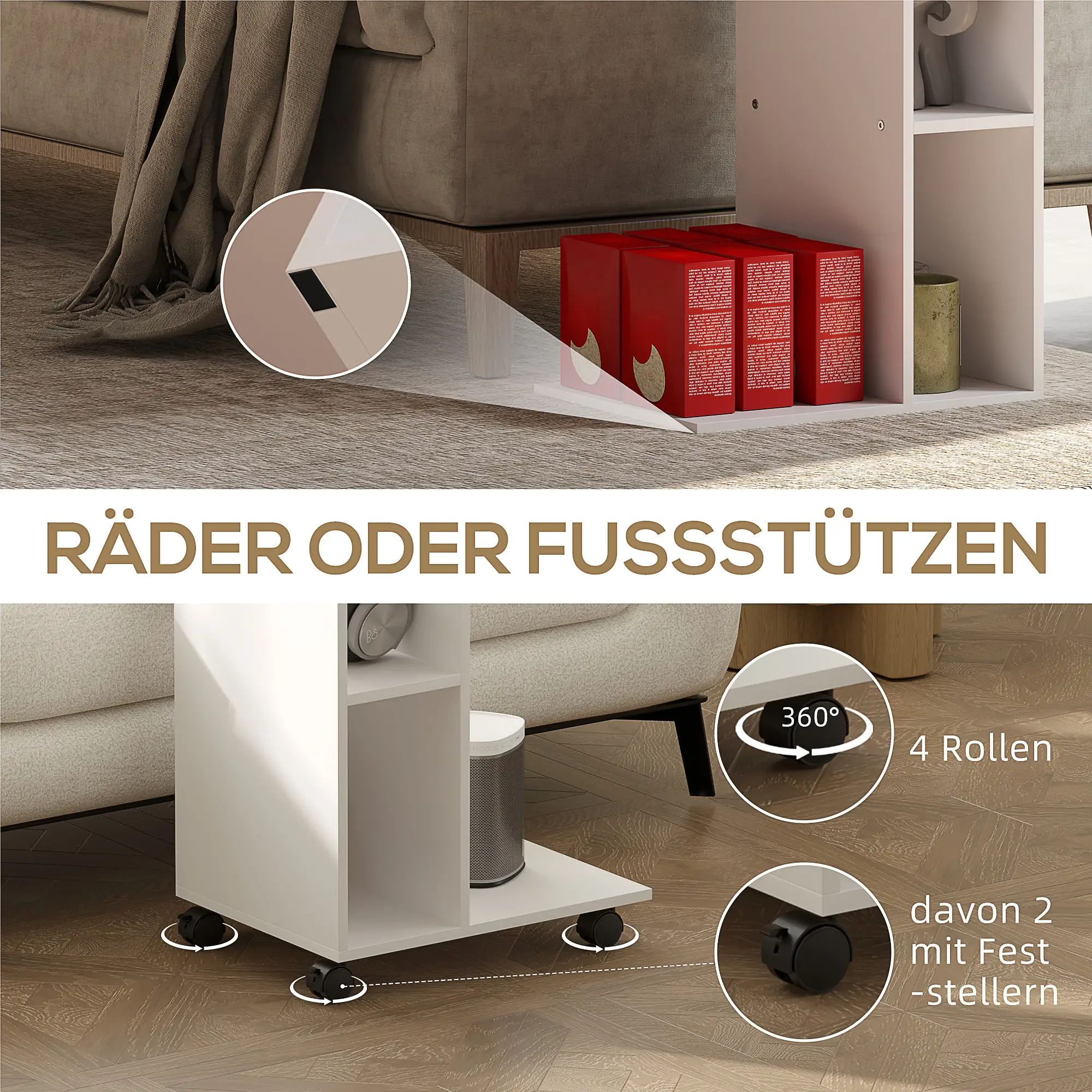 HOMCOM Bijzettafel C-vorm met wielen en planken Wit