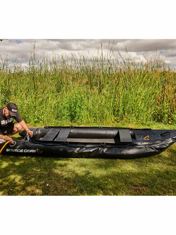 2 Person Inflatable Kayak Fishing PVC Boat – 130” x 43” x 11.8” with Aluminum Alloy Seat, Paddle, Inflatable Mat, Repair Kit, Fin