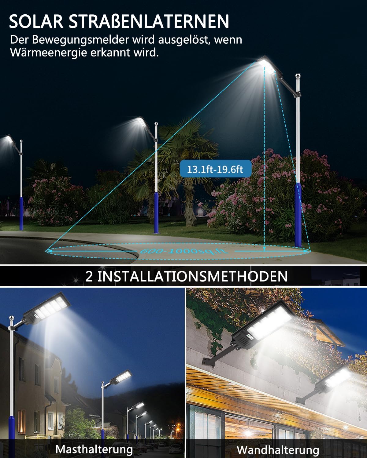 500W Solar Straßenlaterne, 6500K LED Strahler mit Bewegungsmelder Sensor, 8 Stück Solarlampen Straßenleuchte Wandleuchte Wegeleuchte Außen-Sicherheitsbeleuchtung für Garten Hof Garage Straßen
