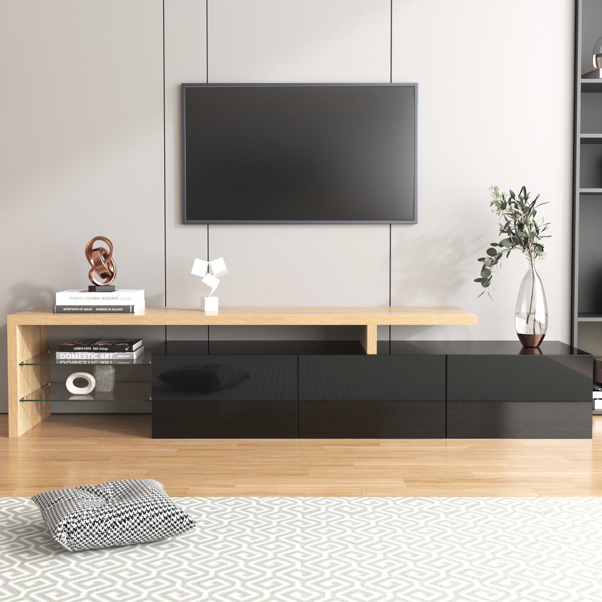 Moderner TV-Schrank mit Hochglanz, Glasböden und LED-Beleuchtung, Natürlich+Schwarz