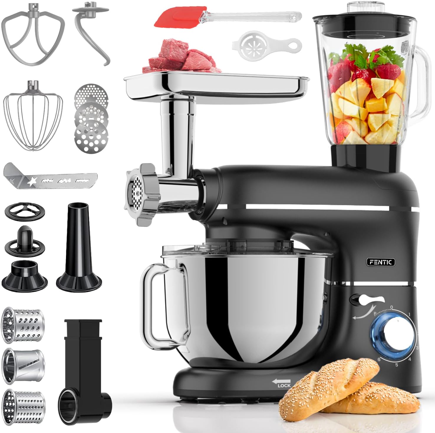 Fentic 6-in-1 Küchenmaschine – 2000W – Mit Fleischwolf, 1,5L Entsafter, Gemüseschneider und Mehr – Knetmaschine mit 6,2L Rührschüssel, Rührhaken, Knethaken, Schlagbesen und Spritzschutz (Schwarz)