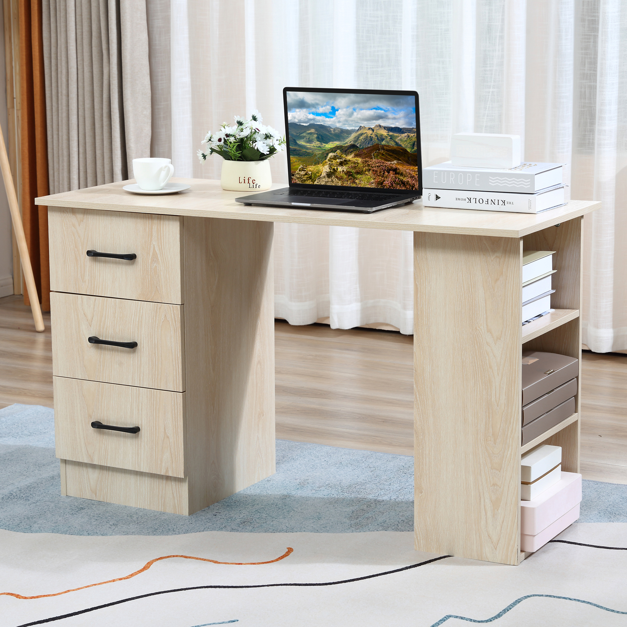HOMCOM Schreibtisch Computertisch Bürotisch Arbeitstisch Regal mit 3 Schubladen Regale Natur 120 x 49 x 72 cm