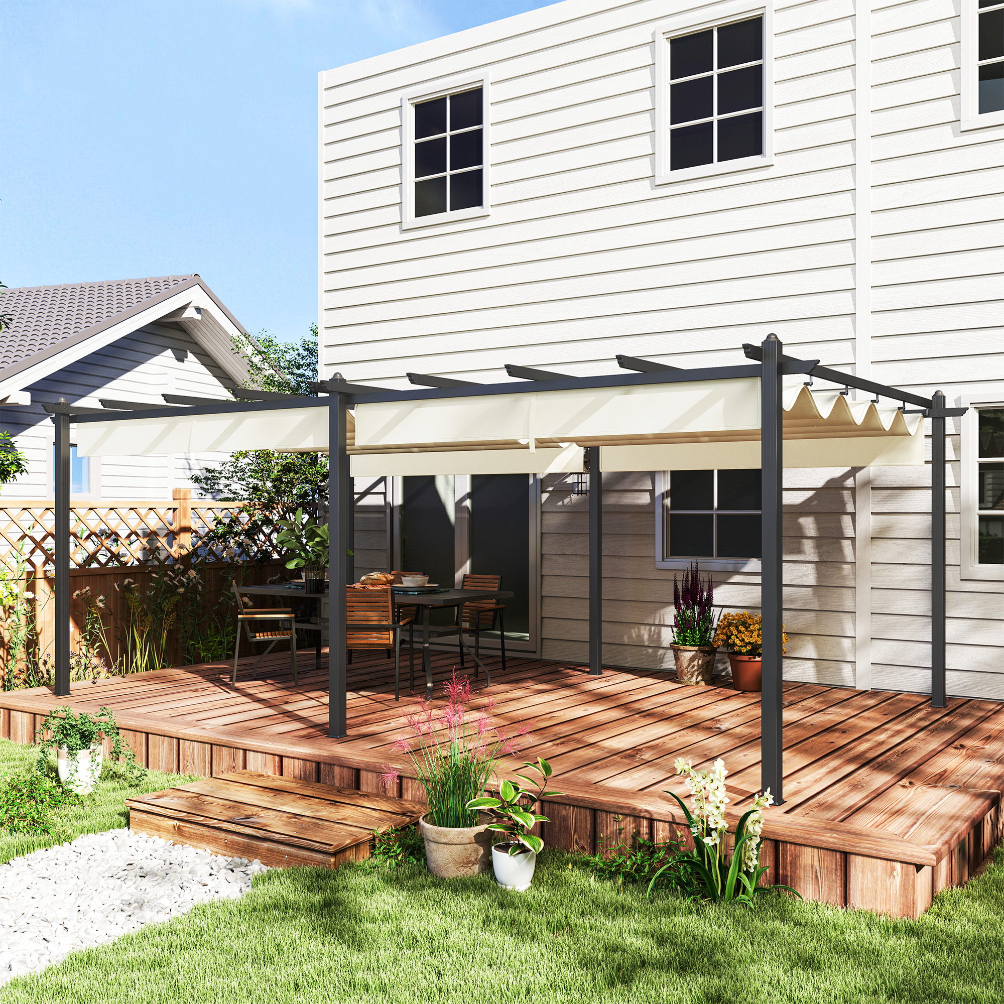Outsunny Ausziehbare Pergola 3,5 x 6 m, Pergola für Terrasse, Aluminiumstruktur + Polyesterstoff - Beige