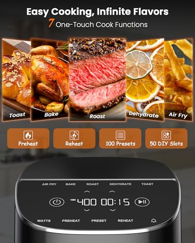 Nuwave Brio Plus Air Fryer 8 Qt, New & Improved, PFAS FREE, 7 Digital One Touch Cook Functions that AIR FRY, BAKE, ROAST, DEHYDRATE, TOAST, REHEAT, PREHEAT, 150 Presets, 50°F~400°F, 700/1500/1800W : Home & Kitchen