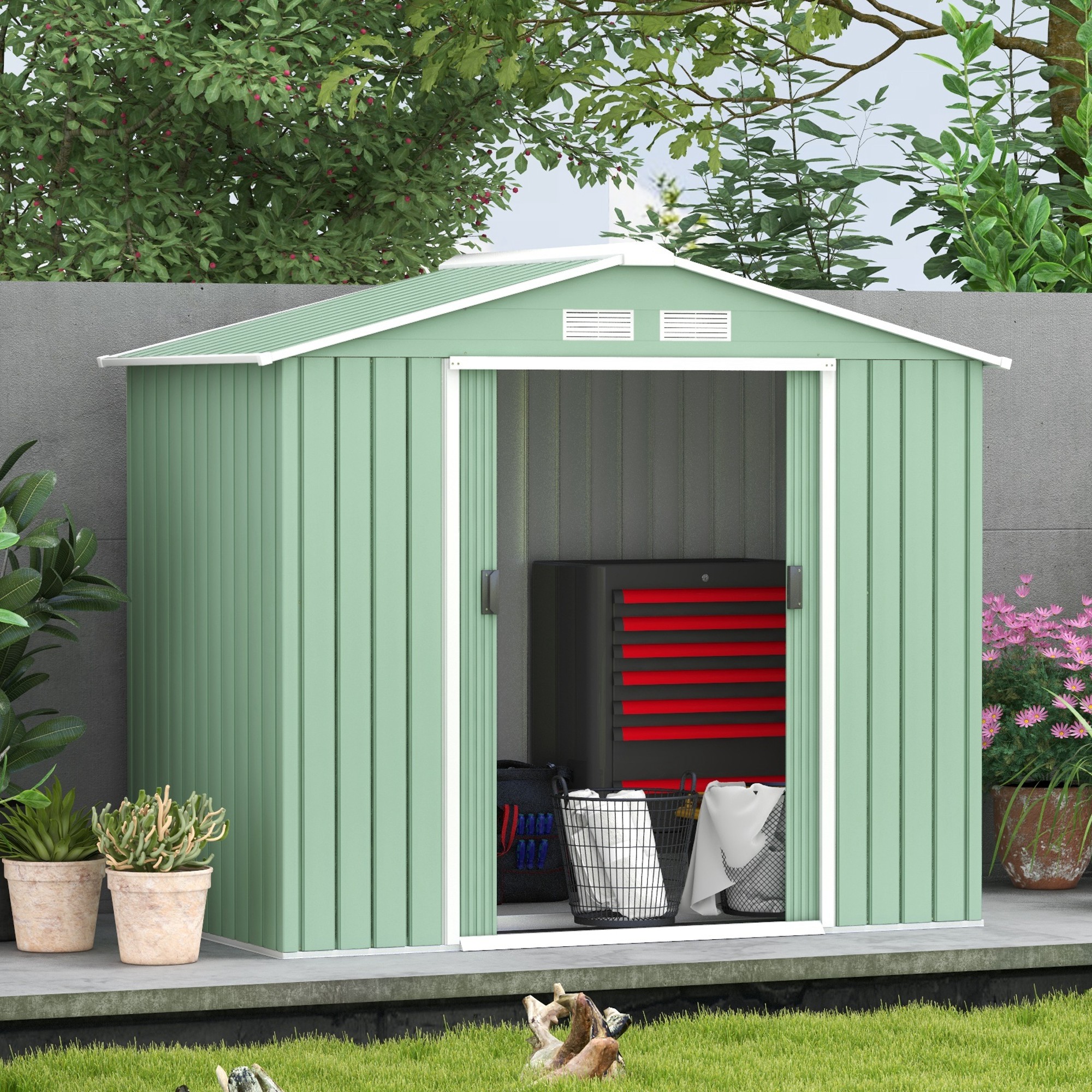 Outsunny Gartenschuppen, 2 Schiebetüren, Lüftungsfenster, Bodenrahmen, rostfrei, Stahl, hellgrün, 2,13 x 1,30 x 1,85 m