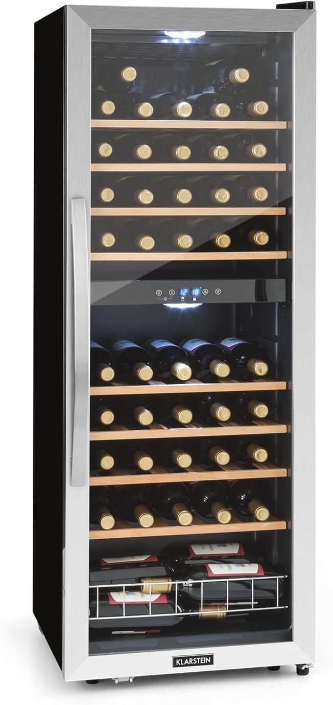 Klarstein Cantinetta Vino, Cantinetta Vino Refrigerata a Zona Doppia per Interno/Esterni, Frigo Bar Cantina Vino con Vetrina, Mini Bar con Protezione UV, Frigo Vino Touch, 5-18°C, 54 Bottiglie