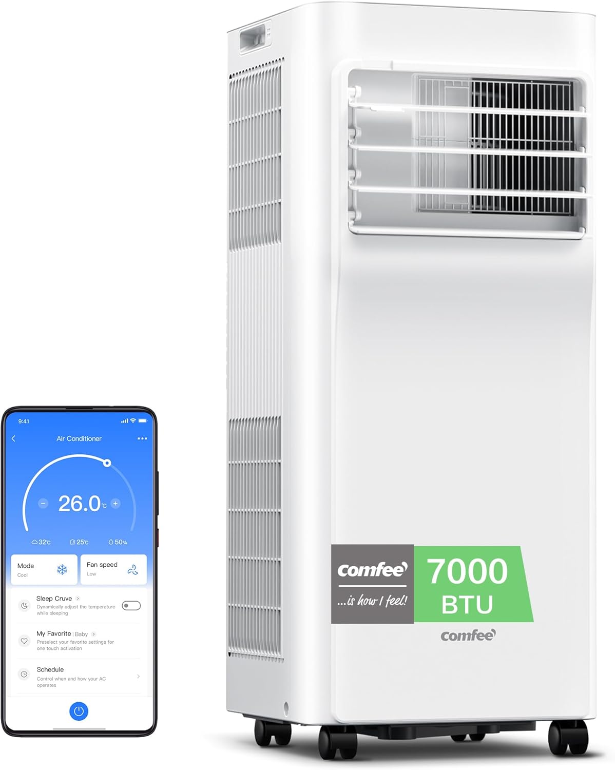 COMFEE' Condizionatore Portatile 7000 BTU/H, Breezy Cool Pro 2.0, Controllo WiFi, 3-in-1 Climatizzatore Portatile, Ventilatore, Raffreddamento, Deumidificazione, 24H Timer