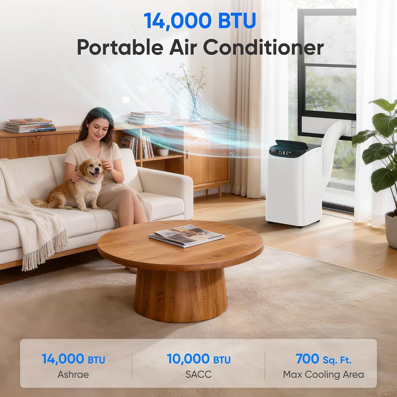 14000 BTU Tragbare Klimaanlage, Kühlung, Ventilator, Entfeuchtung, Schlafmodus für große Räume bis zu 700 Quadratmeter, AC-Einheit mit Fernbedienung