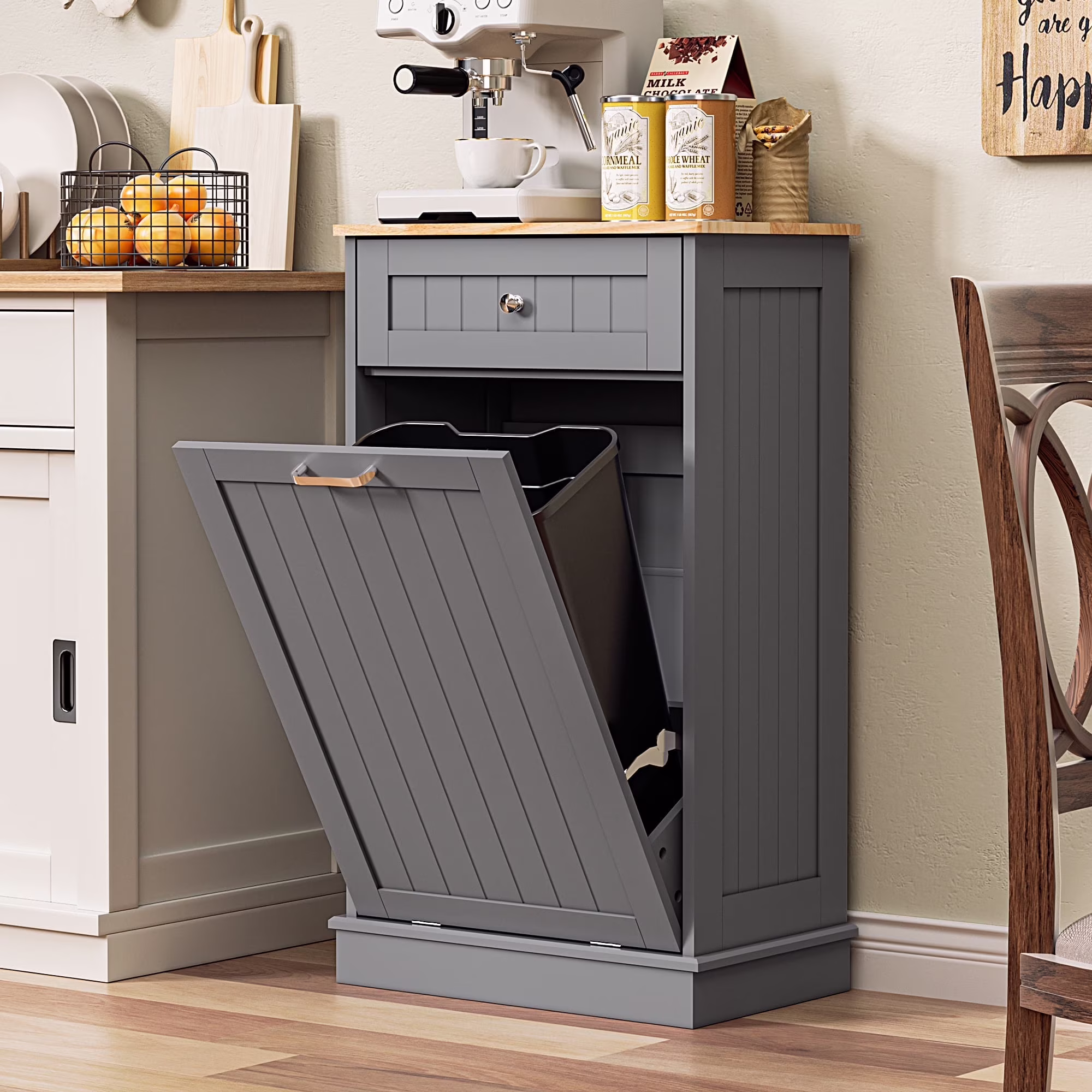 HARIPUL Single Tilt Out Trash Cabinet for 13 Gallon Waste Bin, Free Standing Kitchen Trash Can Cabinet with Drawers, White