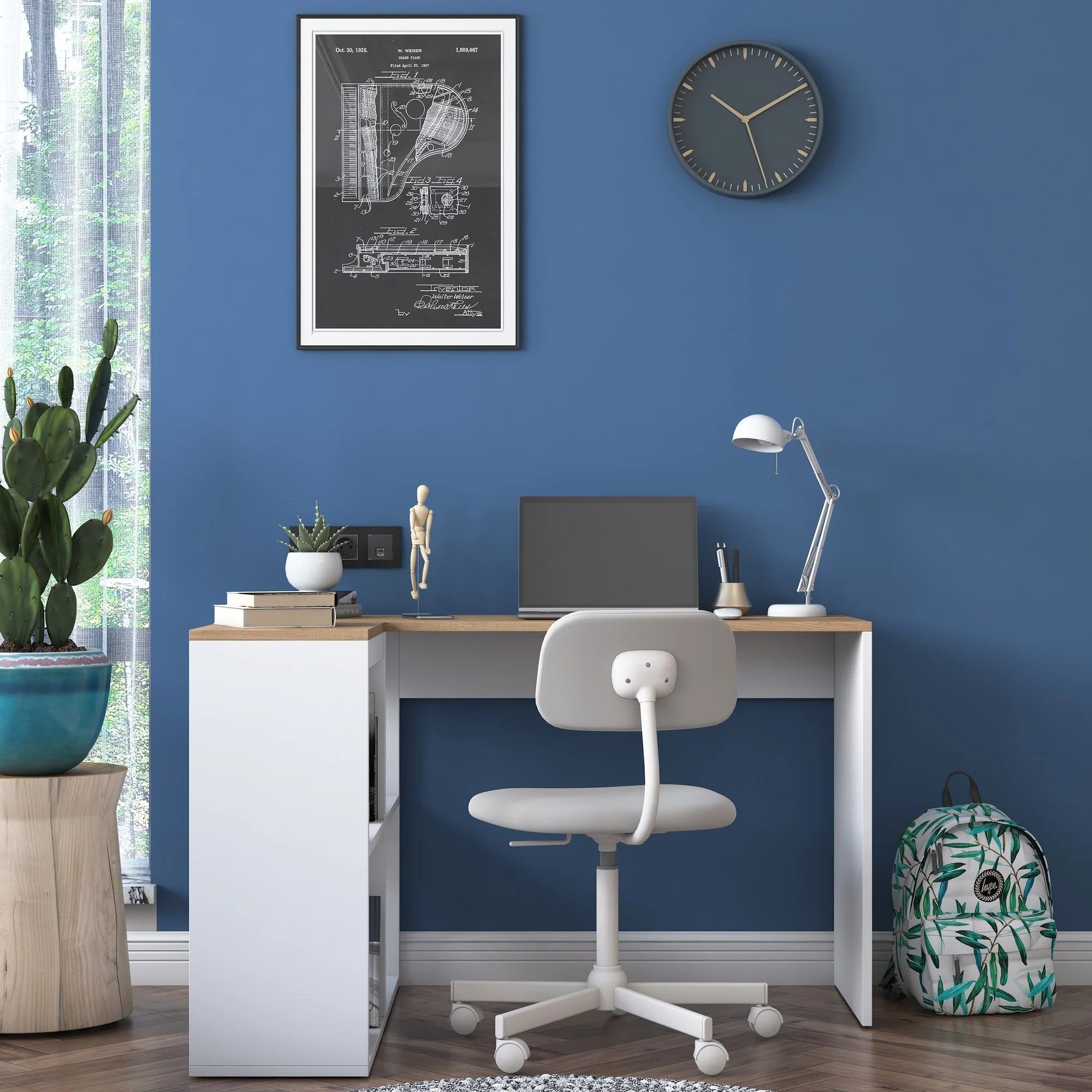 Scrivania angolare moderna con libreria bianco e rovere cm 120x96x74h