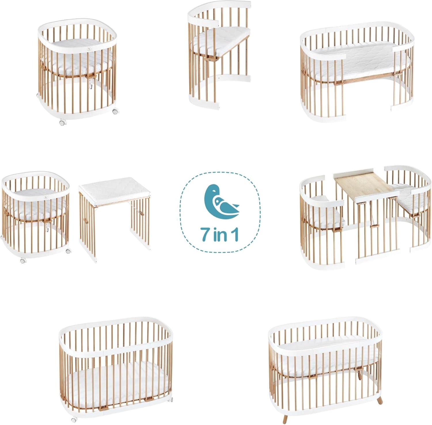 tweeto® Babybett 7 in 1 – mitwachsendes Babybett aus Holz | höhenverstellbares Beistellbett & Gitterbett | umbaubar zu Kinderbett & Laufstall (Buche Natur)