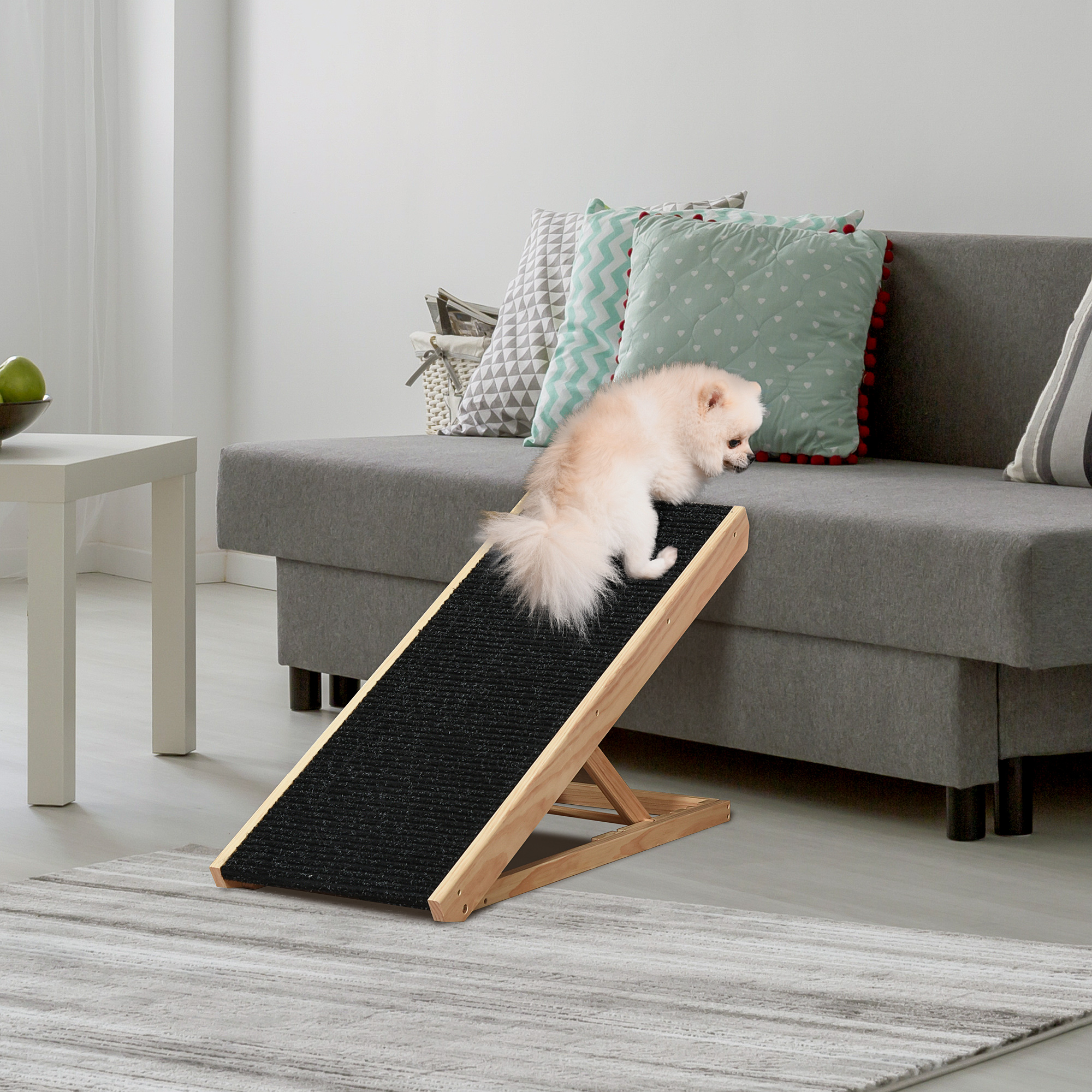 PawHut Haustierrampe mit rutschfestem Teppich verstellbarer Haustierleiter Hunderampe für großen Hund Kiefernholz Polyester Schwarz+Naturholz 90B x 40T x 61H cm