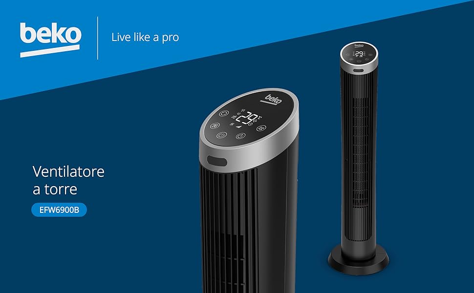 Il testo recita «beko» e «Ventilatore a torre». Immagine del prodotto che mostra un alto ventilatore a torre nero con display digitale, mostrato in due viste: a figura intera e in dettaglio.