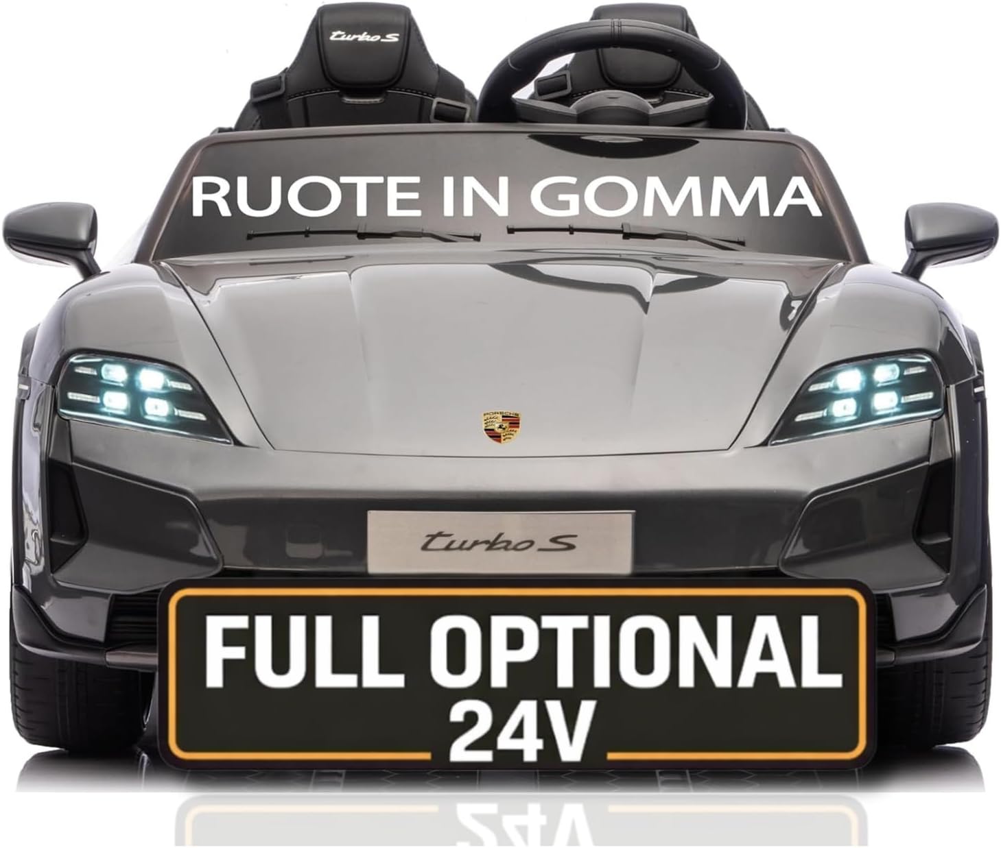 Porsche Taycan Turbo S 24V Auto Elettrica per Bambini 2 Posti Macchina con Telecomando Ruote in Gomma Due Cinture a 3 Punti Luci LED Bluetooth Full Optional Carico Massimo 60 Kg Grigio