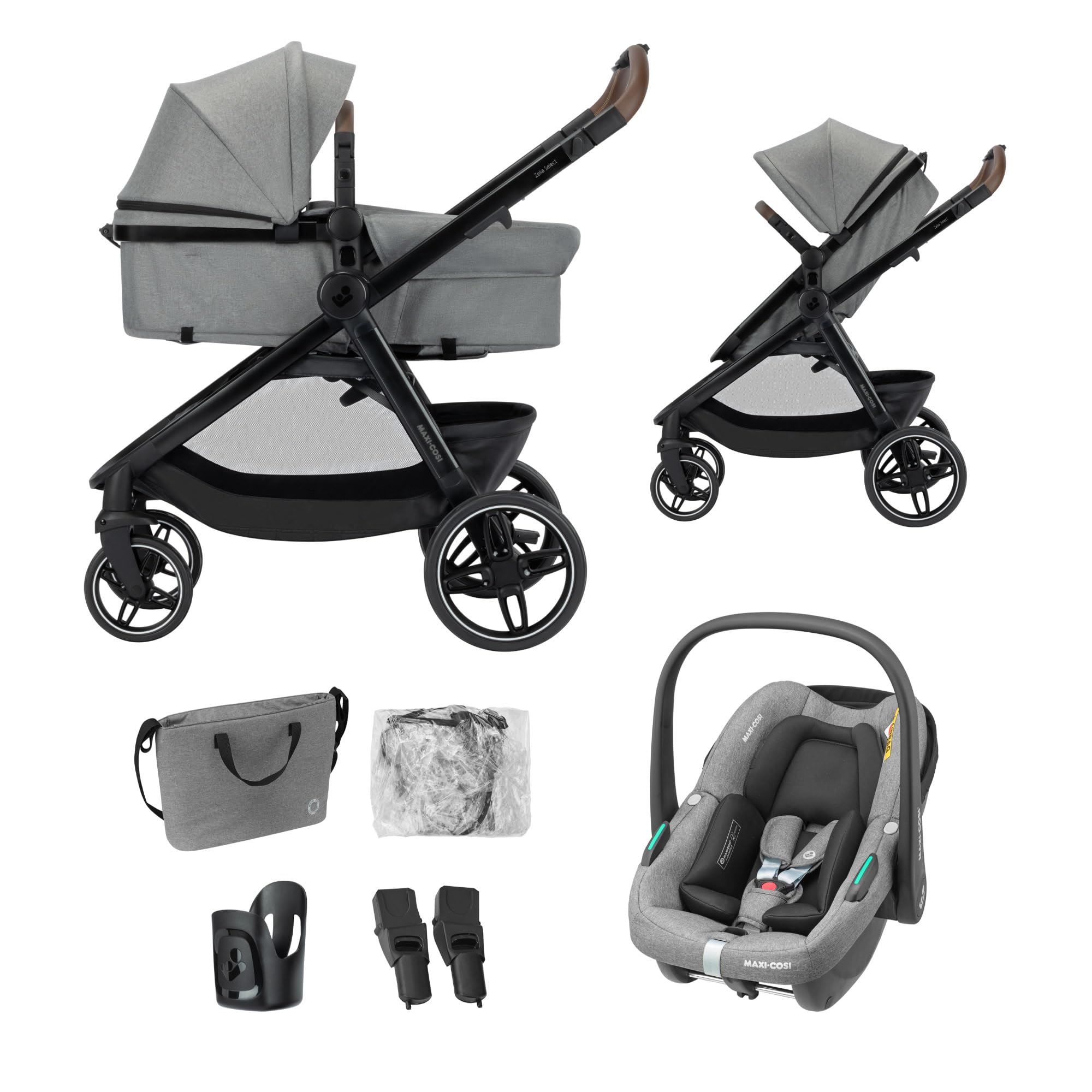 3-in-1 Kinderwagen Zelia Select mit Babyschale CabrioFix S i-Size, 0–22 kg, inkl. Wickeltasche und Regenverdeck, Grau