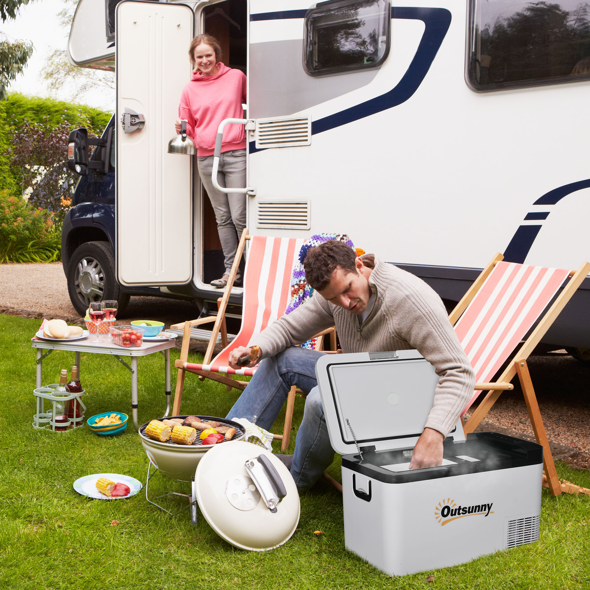 Outsunny Elektrische tragbare Kühlbox 25L 12/24V bis -20℃ Kompressor-Kühlschrank und -Gefrierschrank für Auto mit LED-Licht und klappbaren Griffen Niedriger Energieverbrauch für Zuhause Camping 58,5x33,5x35,2 cm Weiß