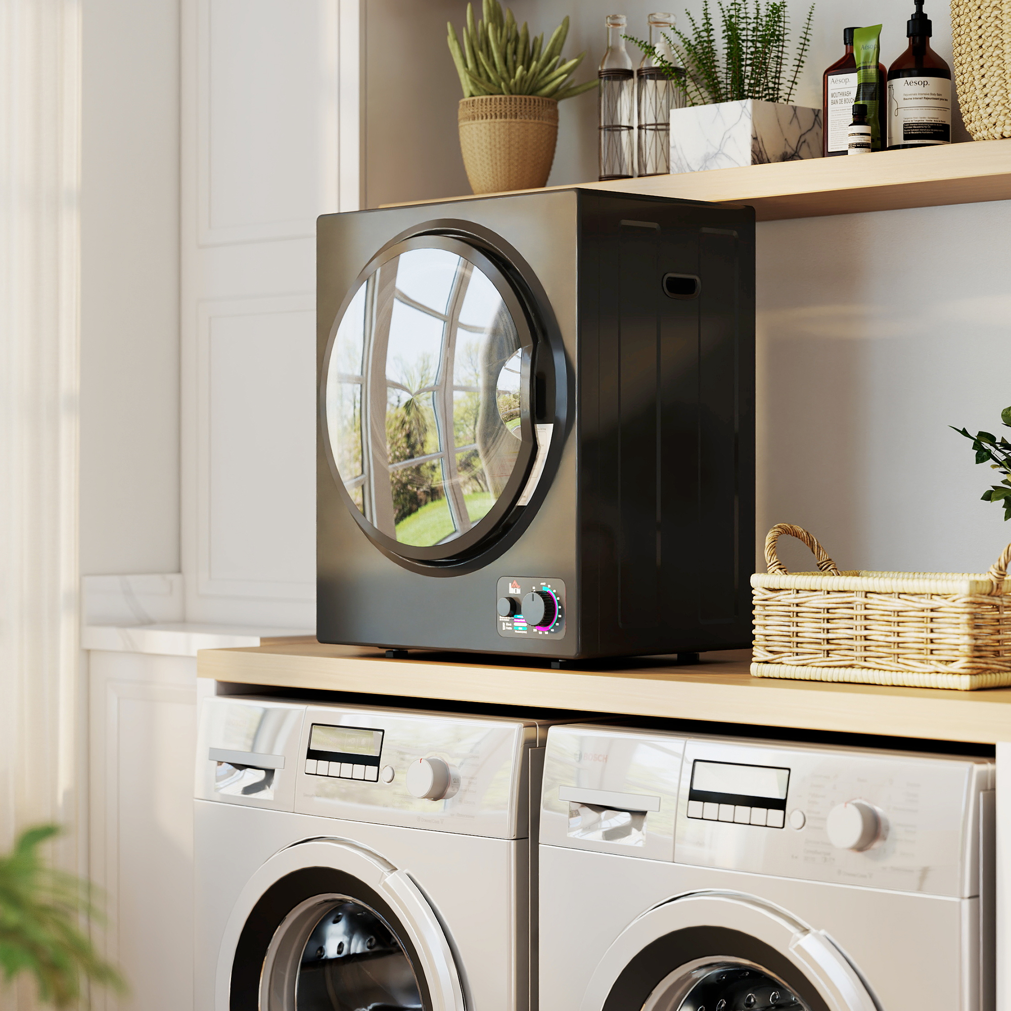 HOMCOM Tragbarer elektrischer Wäschetrockner 850W, Kapazität 33L, 4 Betriebsmodi, Edelstahl, 49 x 40,5 x 60 cm, Schwarz