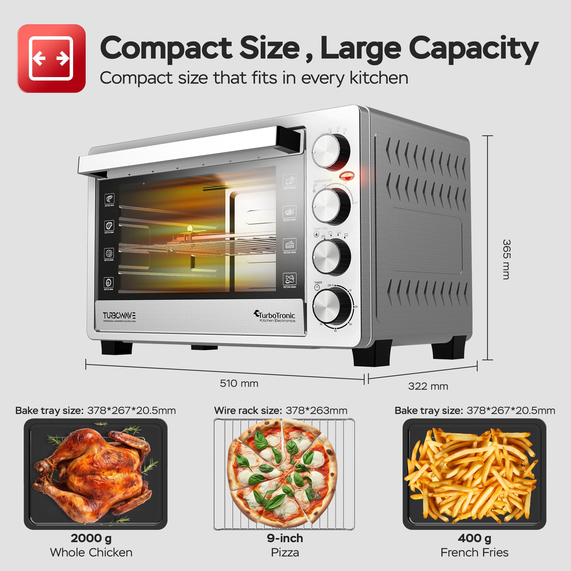 Minibackofen 30 L mit Grill, Umluft, Drehspieß & Timer Kompakter Tischbackofen