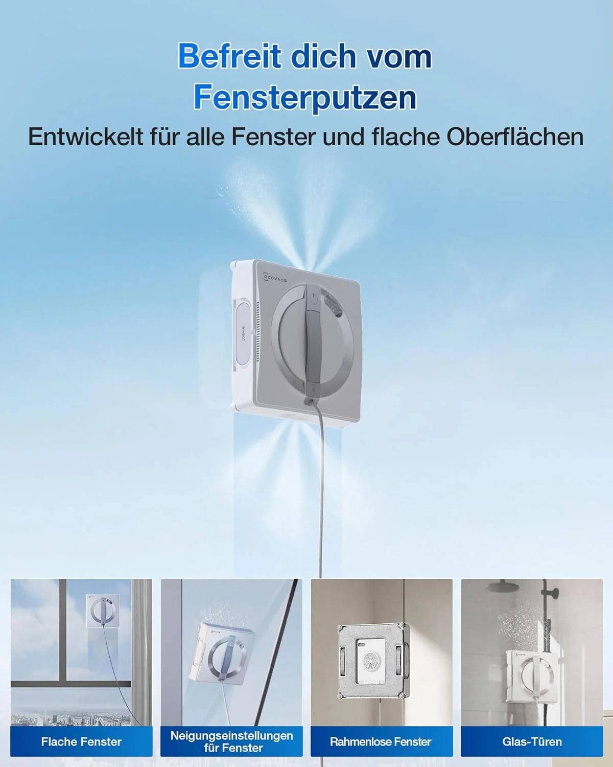 ECOVACS WINBOT W2 PRO Fensterputzroboter, 3-Düsen-Wassersprüher, 10-Stufen-Schutzsystem, Win-SLAM 4.0 Pfadplanung, Steady-Climbing-System, Kanten-Erkennung, App-Steuerung, Weiß