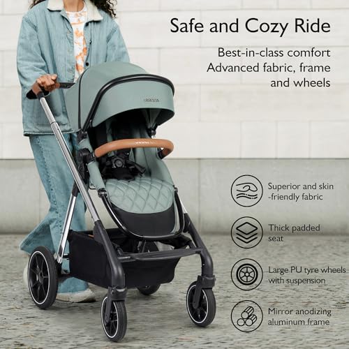 Beberoad RX Passeggino 3 in 1, passeggino pieghevole, seggiolino reversibile per bambini con organizer, parapioggia, parasole e zanzare, copertura 2 in 1 e grande cestino, verde : Prima infanzia
