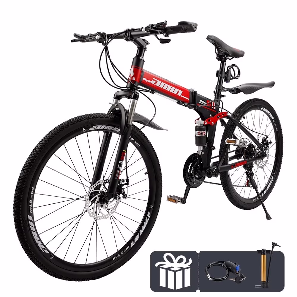 Artudatech Folding Mountain Bike 26 Inch Shimano 21 Speed Dual Disc Brake - Adult - Red